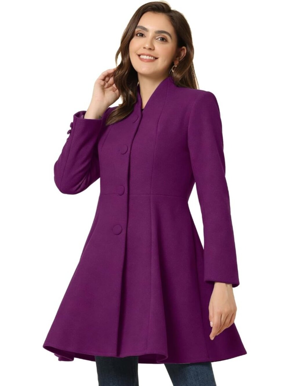 Women's Dark Purple Single Breasted A Line Mid Winter Long Sleeve Trench Coat